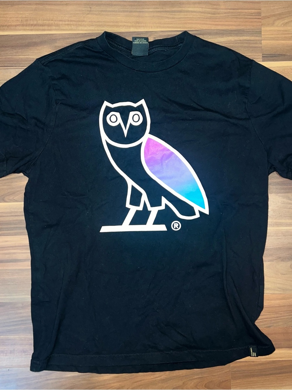 OVO Black Tee with Iridescent Blue-Purple Owl
